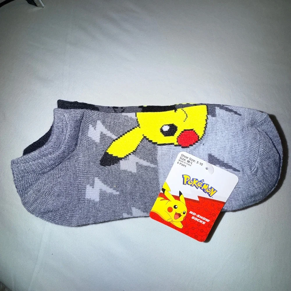 Pokemon No-Show Socks Kids M/L Size 3-10 Grey Yellow NEW 6 Pairs